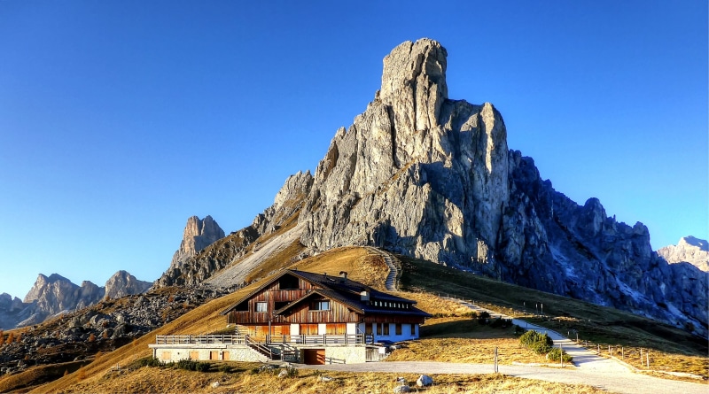scenics - nature, building, view, viewpoint, building exterior, architecture, autumn, passo giau, mountain range, solid, landscape, foresight, outdoors