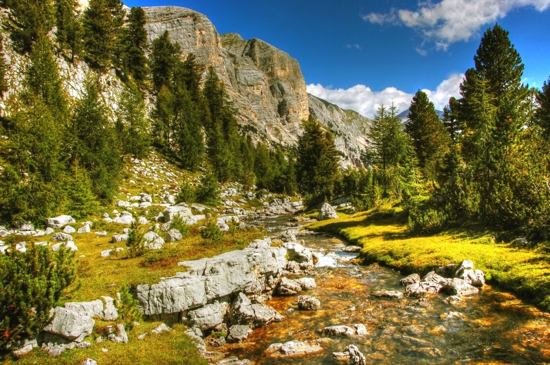 water, sky, lake, alpine panorama, view, Mountains, 2K, Dolomites, outdoors, clouds, extreme Terrain, Landscape, plant, wilderness Area, mountain Peak