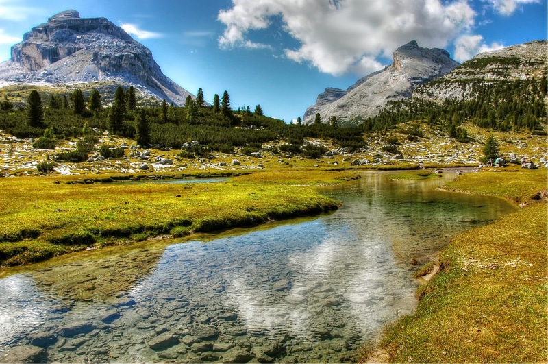 boulders, tranquility, Landscape, pine tree, lake, rock, south tyrol, beauty In Nature, Fanes, tree, panoramic, Mountains, summer, wilderness, alpine panorama