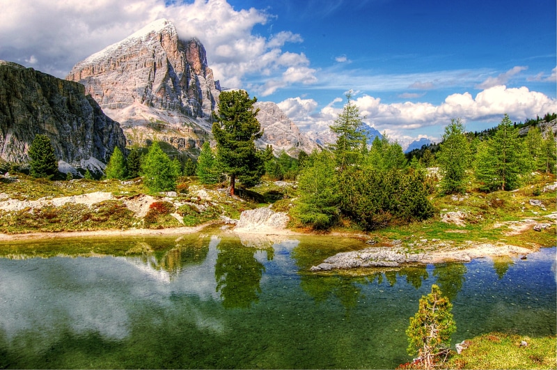 tree, white, water, alpine, tranquil scene, day, no people, mountain, land, clouds, hiking, climb, dolomites, coniferous tree, cloud - sky, holiday, nature
