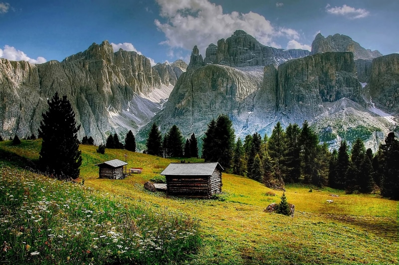 car, alm, travel, beauty in nature, painting, snowcapped mountain, landscape, val de mesdi, mountain, tree, nature, mountain landscape, italy, transportation