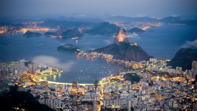 building exterior, sea, mountain, office building exterior, night, sky, Rio de Janeiro, travel destinations, travel, city, illuminated, no people, skyscraper