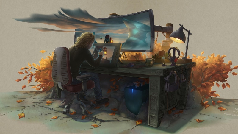 Computer screen, 4K, clouds, lamp, artwork, workspace, digital painting, illustration, wacom, graphics tablets, computer, men, painting, digital, digital art