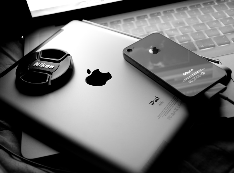 portable information device, portability, black and white, indoors, computer, high angle view, computer equipment, computer keyboard, keyboard, iPad, western script