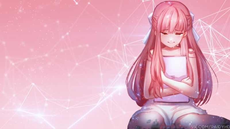 1080P, long hair, pink hair, pink background, anime girls, anime, crying, shelter, hair ribbon, Rin (Shelter), tablet