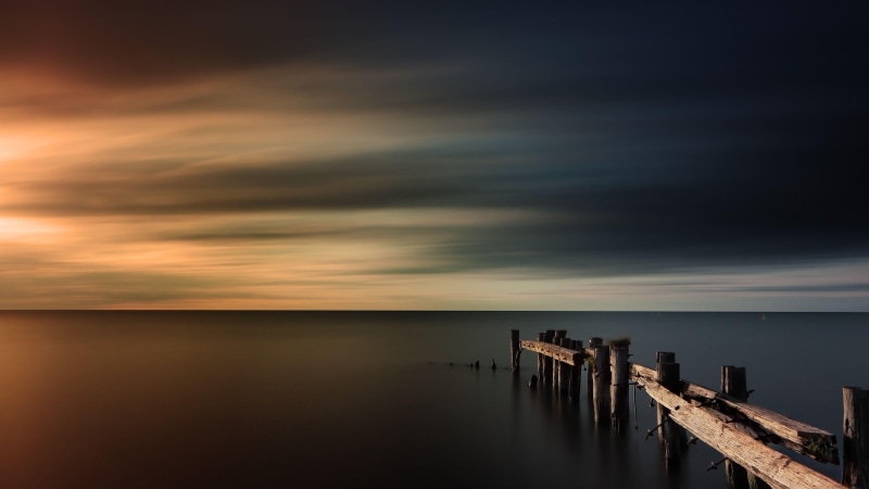 pier, tranquility, cloud - sky, non-urban scene, sky, horizon over water, sunset, evening, calmness, 4K, scenics - nature, long exposure, idyllic, horizon
