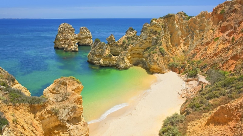 beauty in nature, day, idyllic, eroded, rock, europe, tranquility, stack rock, sea, geology, beach, horizon over water, portugal, water, land, rock - object