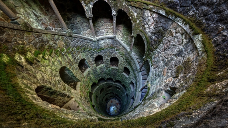 castle, initiation well, sintra, portugal, europe, quinta da regaleira, tower, stairs, 4K, spiral, staircase, palace