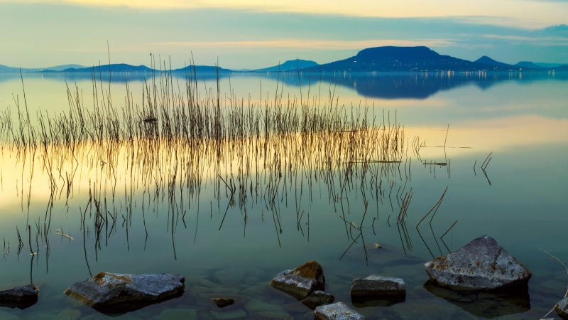 calm, badacsony, outdoors, non-urban scene, rock - object, scenics - nature, balaton, plant, sunset, idyllic, nature, no people, europe, rock, sky, water
