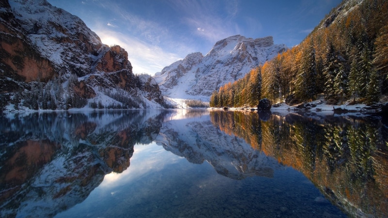 lake, non-urban scene, dolomites, tranquil scene, braies, reflection lake, idyllic, cold temperature, lake braies, mountain range, sky, scenics - nature