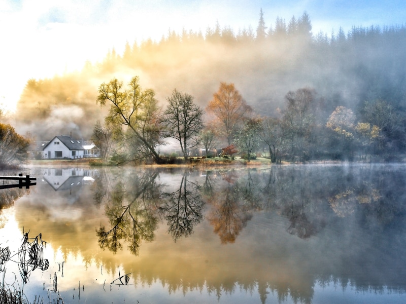 Fog, Beautiful, Morning, Painting, Forest, House, Lake, 2K, Nature