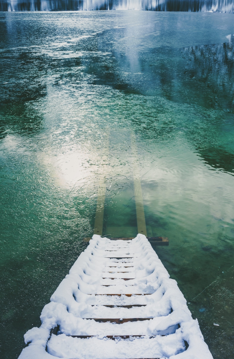 ice, snow, scenics - nature, beauty in nature, tranquil scene, outdoors, the way forward, stairs, lake, architecture, pragser wildsee, reflection, tranquility