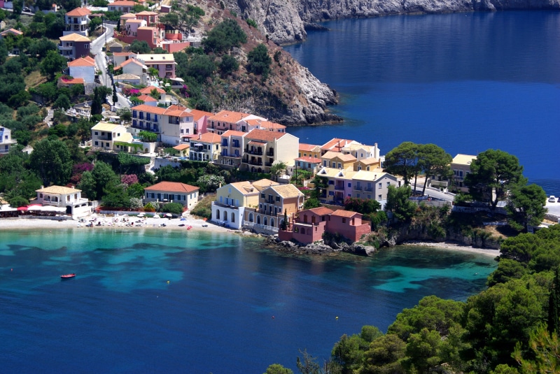vacations, outdoors, color, water, blue, greece, island of kefalonia, houses, coastline, travel, island, summer, nature, waterfront, tree, building exterior