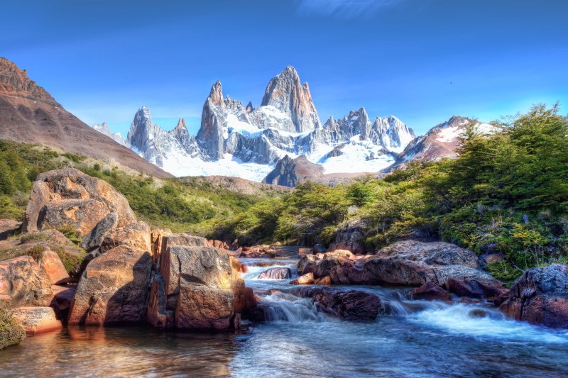 hiking, peaks, near, green leaf, leaf, landscape, trees, Park, Nacional, Mt  Fitzroy, inspirational, landmark, 5K, Picturesque, nature, Patagonia, brook