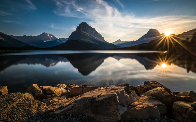 landscape, lake, sunlight, park, glacier national park, stones, nature, mountains, national, glacier, 1080P, 2100x1315
