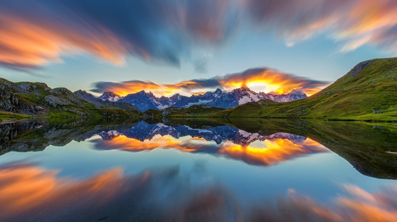 time  landscape, blue hour, Lacs, green, mountain, day, Switzerland, landscape, outdoors, sunset, scenics, clouds, lake, de, nature, view, time, Golden Hour