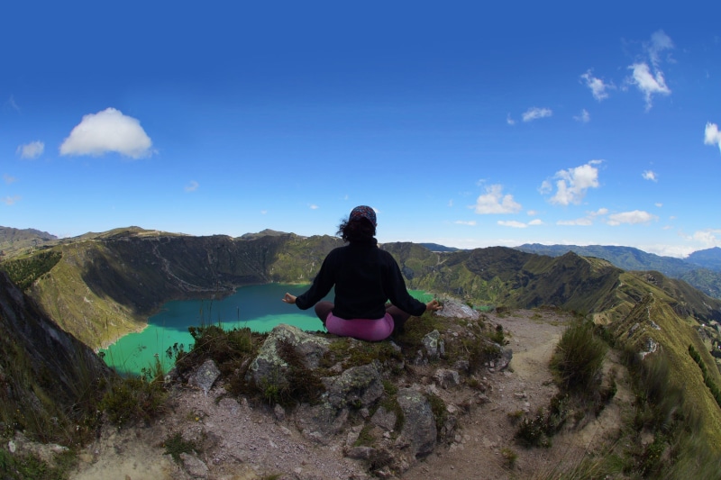 green, blue, view, sky, quilotoa, facing, rear view, one person, casual clothing, ecuador, landscape, yoga, peace, outdoor, an, black, andes, volcano, day