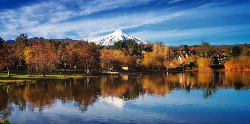 morning, landscape, snowy peak, nature, lake, trees, city, sunlight, volcano, Chile, 1080P