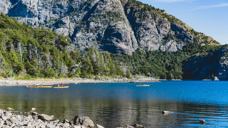 rock - object, mountain range, nature, argentina, sea, kayak, scenics - nature, mountain, tranquility, rock formation, trees, no people, san carlos de bariloche