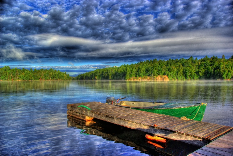 hdr, Lake, water, forest, green, northern  ontario, 4K, dock, tranquil Scene, nature, Marina, canoe, fishing  boat, blue, boat, landscape, Killarney Ontario