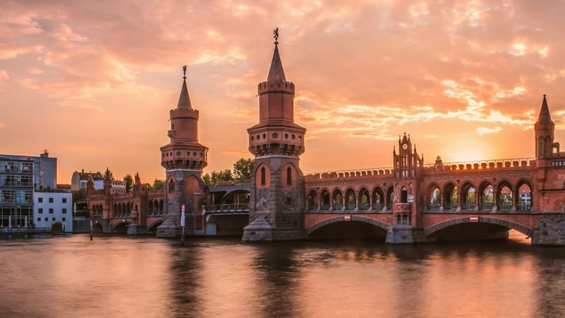 building exterior, cityscape, travel destinations, outdoors, Germany, pink, connection, skyscraper, 1080P, bridge - man made structure, architecture, water