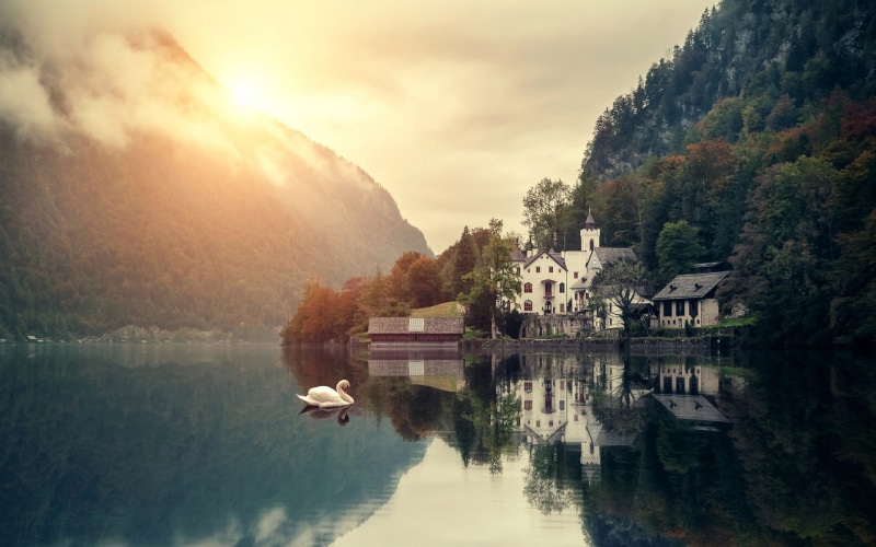 Mountain, Beautiful, House, Scenery, Morning, Lake, Forest, Swans, 1080P
