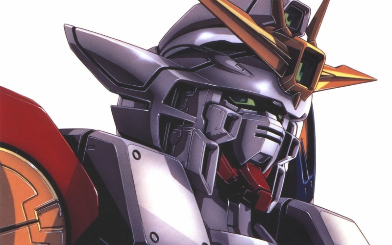 industry, 720P, metal, sport, indoors, Mobile Suit Gundam Wing, clear sky, white background, close-up, protection, anime, single object, still life, studio shot