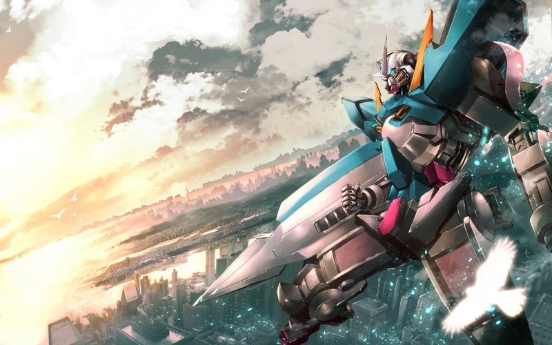 high angle view, digital composite, day, outdoors, technology, futuristic, art and craft, architecture, anime, sunlight, travel, Gundam 00 exia, Mobile Suit Gundam 00