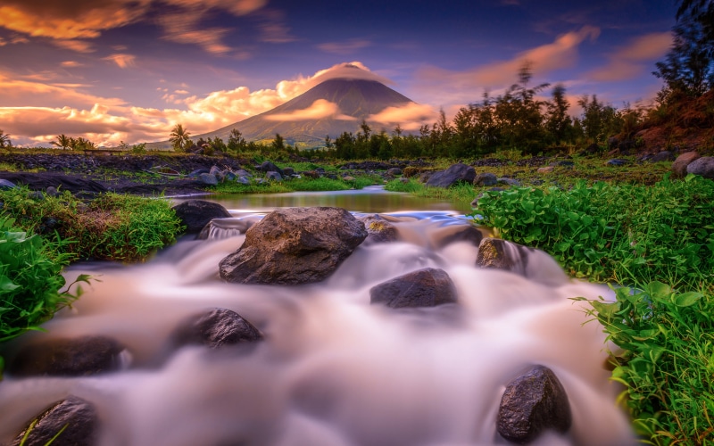 mount, daraga, river, stratovolcano, mountain, landscape, sunset, grass, phone, n, creek, desktop, philippines, android, nature, 4K, mayon
