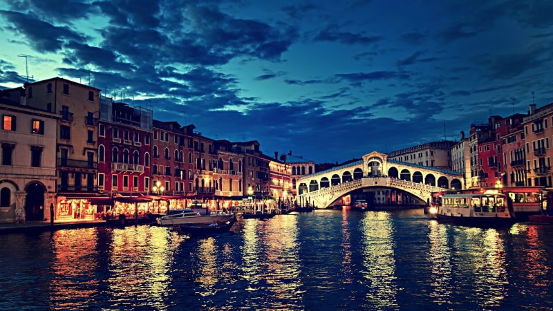 grand, bridge - man made structure, illuminated, cloud - sky, Venice, transportation, no people, dusk, building exterior, passenger craft, reflection, arch bridge