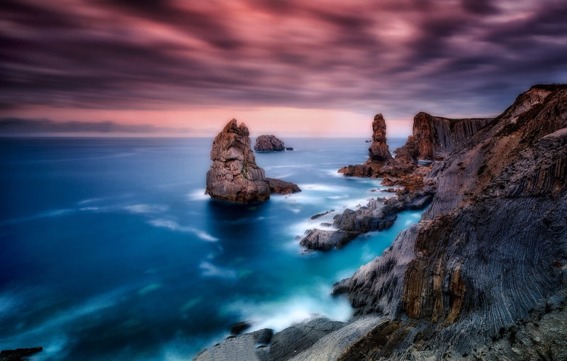 720P, blue, tre, coastline, nature, amazing, rock - Object, pink, wow, beautiful, fantasy, beach, sunrise, flickr, sunset, landscape, depth, spain, cantabria