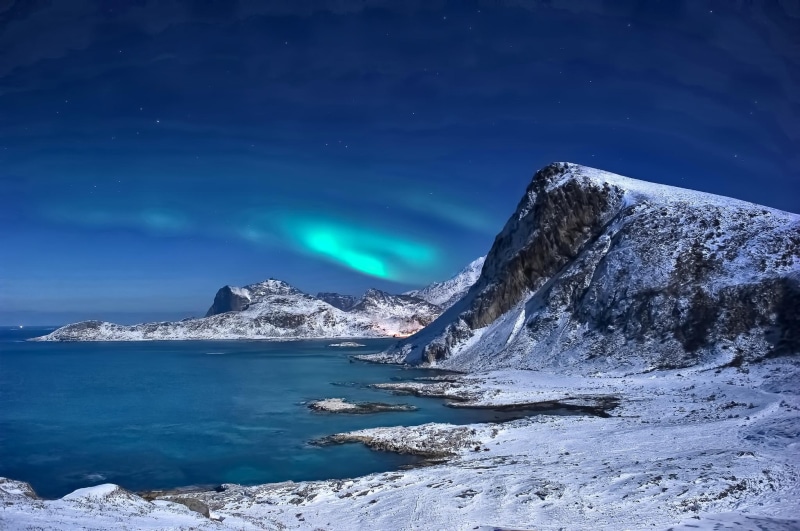 northern, snow, lights, winter, islands, lofoten, android, landscape, norway, lakes, sea, mountains, 1080P