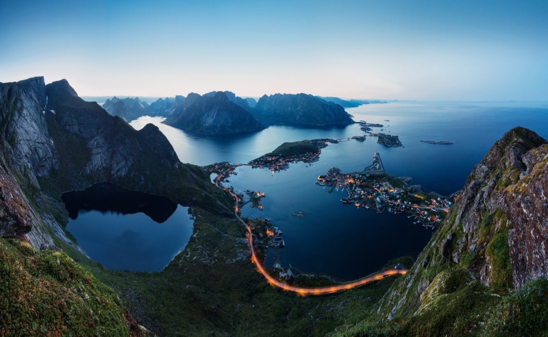 Lofoten, Norway, 1080P, Night Lights, mountains, bodies, green, fjords, water