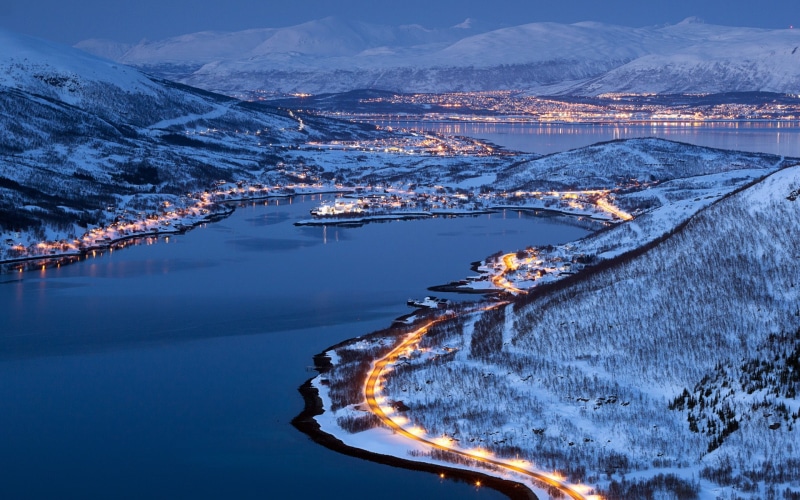 Winter, Night, mountain, 1080P, Norway, cap, snow, Tromso, City, Lights