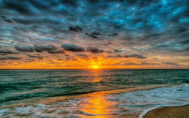 sea, sandy, 4K, beach, sky, landscape, summer, ocean, desktop, clouds, sunset, red, waves
