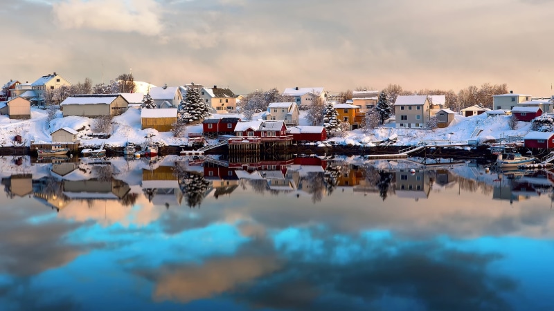 Lofoten, Boats, House, Water, Winter, Snow, Reflection, 1080P, Norway