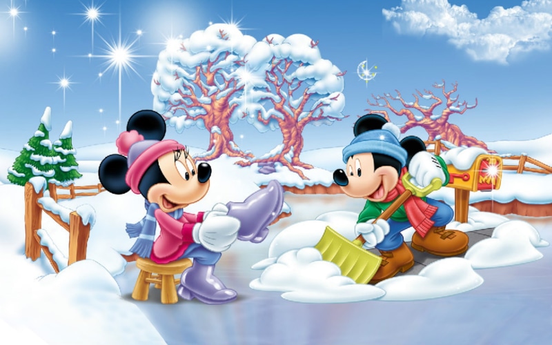 mouse, 1080P, full, winter, minnie, blue, snow, yard, mickey, fence, clothes, hd, sky