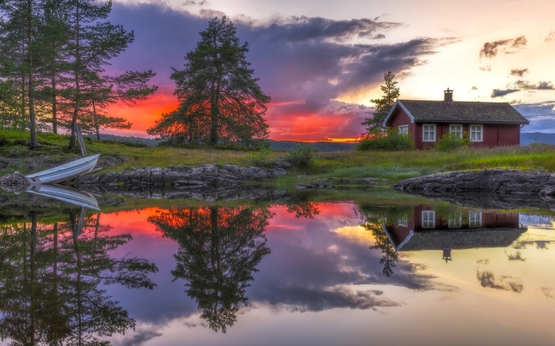 Ringerike, Water, House, Reflection, Sunset, Norway, Lake, 1080P, Clouds