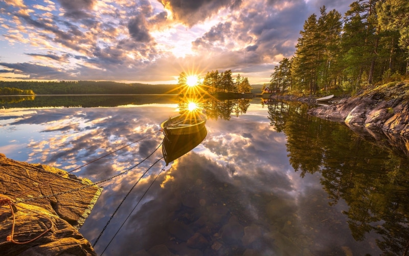 Ringerike, Norway, Sunset, Trees, Reflection, Boat, Water, Lake, 1080P, Beautiful