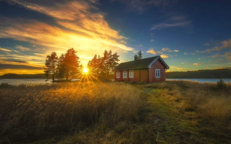 Norway, House, Sunset, River, Reeds, Trees, 1080P, Ringerike