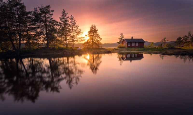 reflection, 1080P, house, RINGERIKE, trees, Norway, sunset, lake