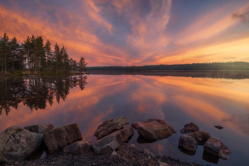 the sky, trees, lake, stones, summer, Norway, reflection, RINGERIKE, 1080P, sunset