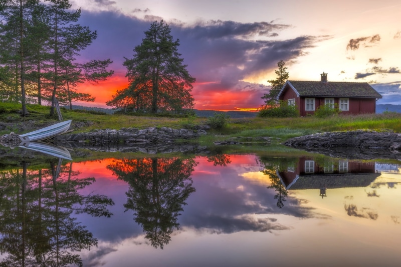 building, Norway, building exterior, outdoors, 1080P, reflection, lake, tree, boat, architecture, plant, RINGERIKE, waterfront, beauty in nature, cloud - sky