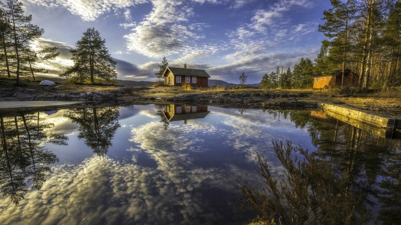 1080P, europe, ringerike, sky, cottage, cabin, reflection, reflected, lake, norway, countryside, house