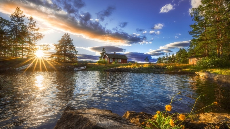 house, ringerike, 1080P, log cabin, sunrays, morning, lake, dawn, nature, landscape, sunlight, norway, sunrise