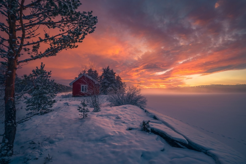 RINGERIKE, snow, Norway, house, 1080P, frozen lake, winter, trees, sunset