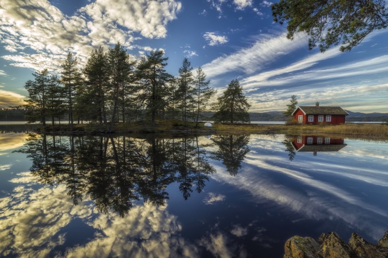 house, trees, Norway, RINGERIKE, 1080P, clouds, lake, reflection
