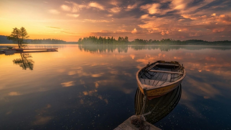 nautical vessel, beauty in nature, ringerike, tranquility, reflection, horizon, dawn, europe, sunset, loch, mode of transportation, outdoors, idyllic, sunrise