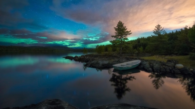 starry, night sky, norway, aurora borealis, ringerike, lake, starry night, 1080P, europe, polar lights, evening, landscape, reflection, northern lights