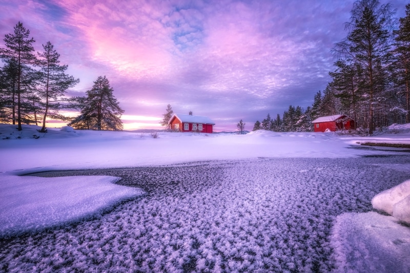 clouds, home, single, snow, winter, red, 1080P, lake, Norway, house, RINGERIKE, trees, storey